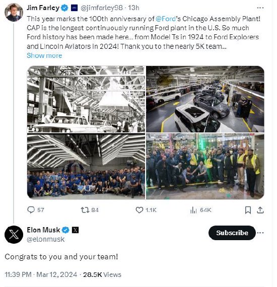 福特芝加哥工厂建厂100周年，马斯克表示祝贺